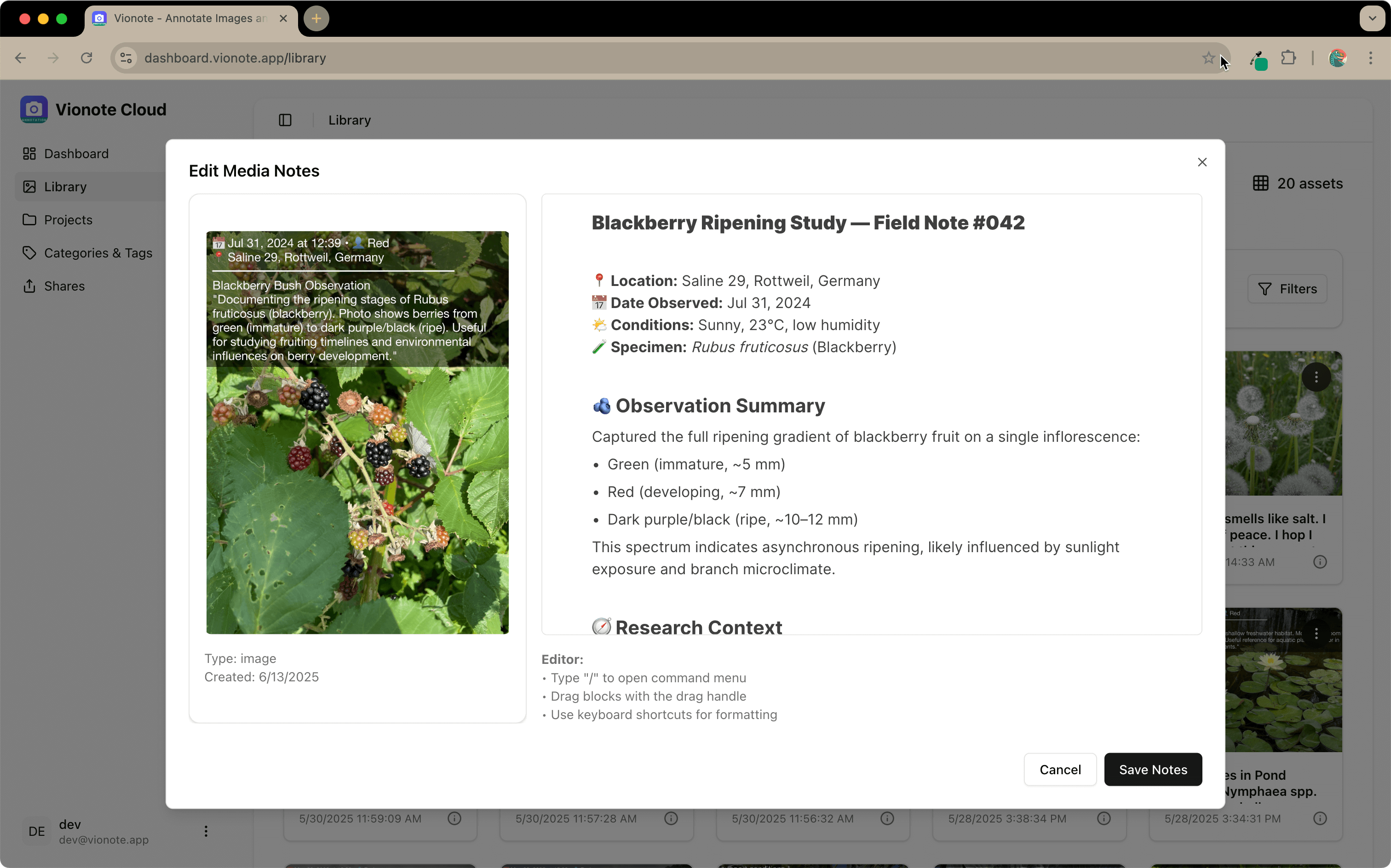 Vionote Cloud Detailed Notes Interface